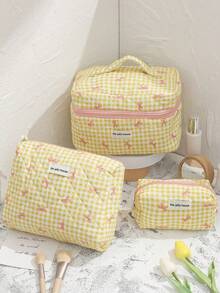 3pcs/Set Multi-Size Yellow Plaid Bow Makeup Bag, Multifunctional Cosmetic Organizer Bag, Ladies Small Makeup Pouch, Large Capacity Toiletry Bag, Suitable For Cosmetics, Chargers, Gift For Women, Girls, Students - Brown - View 7