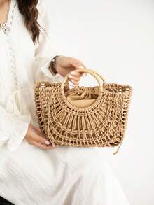 2件套新款时尚草编手提包，镂空沙滩包，大容量度假手提包 - 卡其色 - 查看 1