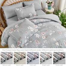 Queen Comforter Set Grey Botanical Floral Bedding Comforter Sets Queen Size for All Seasons 7 Pieces Bed in a Bag Lightweight Microfiber Comforter Set with Sheets Pillowcases and Shams - Gris - Ver 7