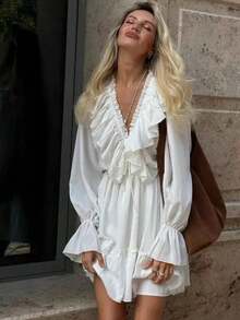 Đầm dự tiệc sinh nhật mùa hè, kiểu dáng bohemian, chất liệu chiffon, có bèo nhún, thích hợp cho kỳ nghỉ hoặc đám cưới, màu trắng. - trắng - Xem 1