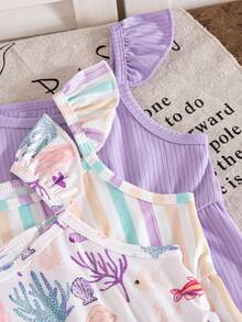 Baby Girls' Summer Underwater Animal Print, Striped & Solid Color Flutter Sleeve 3-Piece Romper Set, Sporty Outdoor - Mauve Purple - View 11