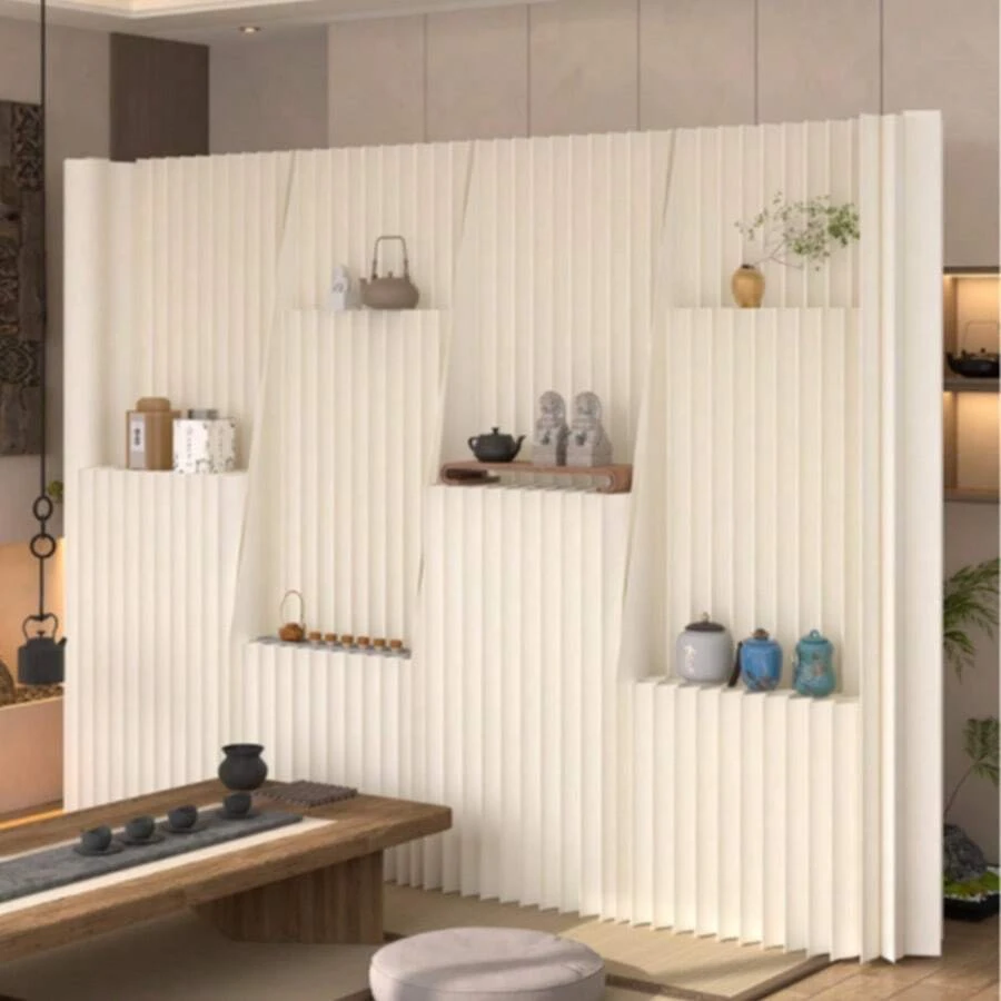 Multifunctional Foldable Kraft Paper Screen Divider With Storage Shelf, Portable, Versatile In Design, Easy To Store, Perfect For Living Room, Office, Shopping Mall, Beauty Salon And Other Places. - White - View 1