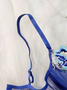 女士两件套棕色花卉刺绣缎面薄纱钢圈文胸和丁字裤内衣套装 - 藍色 - 查看 6