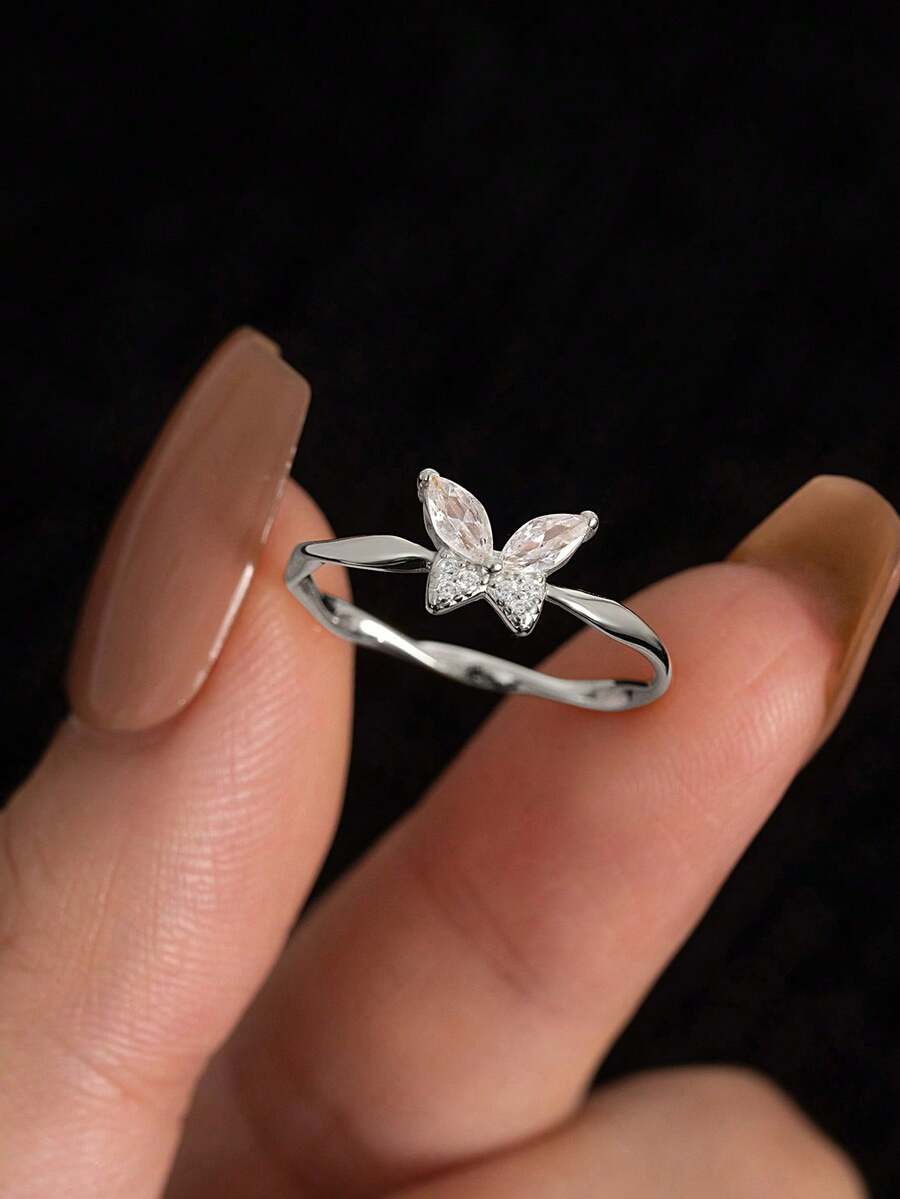 Flyleaf 1pc Luxury 925 Sterling Silver Plated White Gold Twisted Butterfly Ring, Suitable For Daily Wear, Premium Jewelry Gift - Silver - View 1