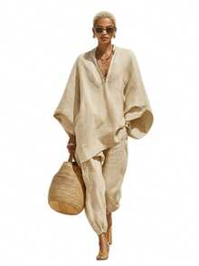 Ladies' Trousers Ensemble - New For Spring/Summer 2026, Featuring A Loose Batwing Sleeve And V-Neck, This Casual Set Is Stylish And Comfortable For Women - 杏色 - 查看 8