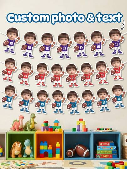 7/14/21pc Cờ biểu ngữ cầu thủ bóng bầu dục tùy chỉnh ảnh và chữ – Dây cờ trang trí hình hoạt họa bóng bầu dục Mỹ cá nhân hóa cho trẻ em với khuôn mặt, số và chữ tùy chỉnh | Trang trí sinh nhật và ngày thi đấu thể thao cho trẻ em, người hâm mộ bóng bầu dục Mỹ và các vận động viên trẻ | Phông nền tiệc và trang trí phòng chơi, cờ vui nhộn, quà tặng sinh nhật