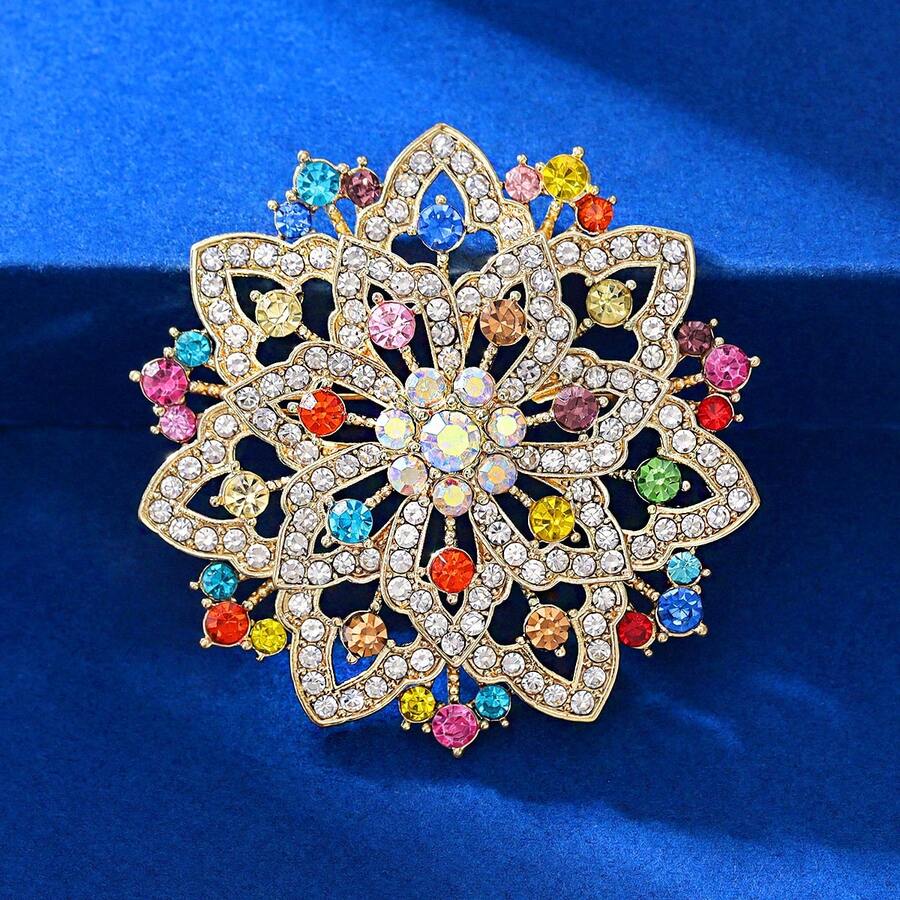 1pc Bohemian Zinc Alloy Center Iridescent Shiny Outer Evenly Embedded Colorful Rhinestone Floral Brooch, Suitable For Women's Daily Wear - Flowers - View 1