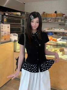 Black & Polka Dot Puff Collar Short Sleeve T-Shirt, Fitted Design, Versatile Summer Top For Women - Black - View 7