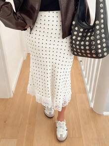 Women Satin Lace Trim Midi Skirt Polka Dot Print High Waist Long A-Line Skirts Vintage Silk Going Out Dress Y2k Streetwear Party Clubwear - 白色-A - 查看 2