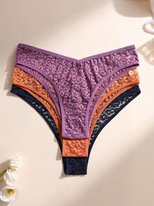3pcs/Set Plus Size Women Sexy Lace Bikini Panties, V-Shape Waistline Seamless Hollow Out Solid Color Fashionable Sports Underwear - Multicolor - View 6
