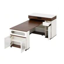 Kitchen Island With Wheels, Extendable Dining Table With Power Strips And Ribbed Glass, Sideboard With One Drawer, Serves As A Kitchen Island, Sideboard For Kitchen And Dining Room (White + Walnut) - White - View 9