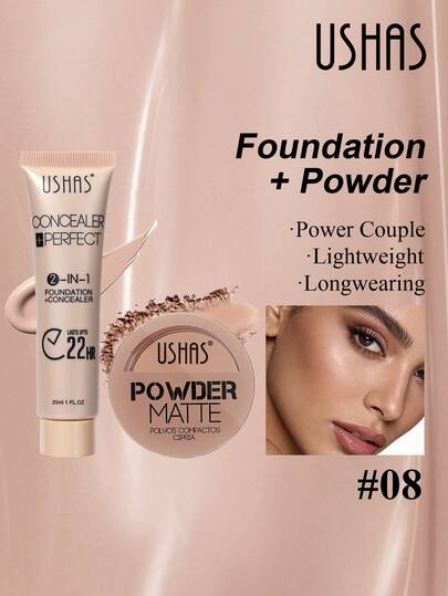  Bộ phấn nền và phấn phủ 2 trong 1 USHAS, phấn nền dạng lì, che phủ khuyết điểm da, làm đều màu da, trang điểm lâu trôi, không thấm nước.