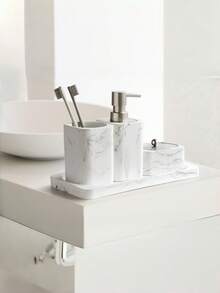 4pcs Marble Bathroom Accessories Set, Including Tumbler, Soap Dispenser, Cotton Swab Holder And Vanity Tray, Bathroom Home Decor - Multicolor - View 2