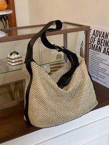 New Woven Beach Bag, Women Simple Shoulder Bag - Black - View 4