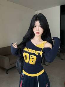 不對稱領拼接撞色長袖T恤，甜美性感女孩印花修身上衣，女款，春/夏 - 藏蓝色 - 查看 3