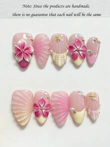 10片可爱优雅Y2K手绘黄白贝壳纹理3D浮雕五瓣花、水滴、金色海星短杏仁美甲贴纸，粘性美甲贴花 - 彩色 - 查看 1