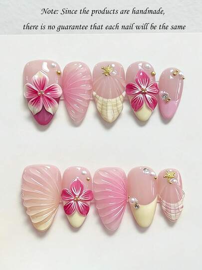 10pcs Cute Elegant Y2k Handpainted Yellow & White Shell Textured 3D Embossed 5-Petal Flower, Water Drop, Golden Starfish Short Almond Nail Art Stickers, Adhesive Nail Decals