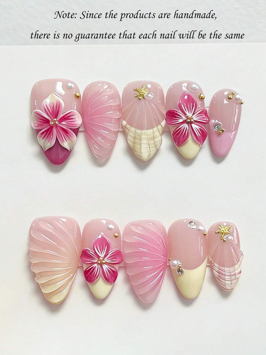 10片可爱优雅Y2K手绘黄白贝壳纹理3D浮雕五瓣花、水滴、金色海星短杏仁美甲贴纸，粘性美甲贴花 - 彩色 - 查看 1