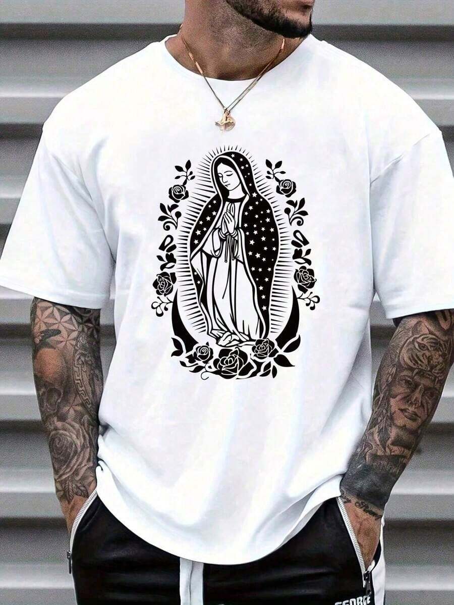 Camiseta de manga corta casual para hombre con estampado de la Virgen María - Blanco - Ver 1
