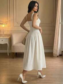 Perirose Đầm nữ thanh lịch màu trắng cổ vuông không tay, dáng ôm, viền bèo nhún, dài ngang gối, kiểu dáng tối giản, thanh lịch. - Màu be - Xem 2