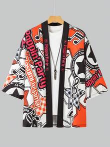 Anime-Inspired 7/8 Sleeve Kimono Robe, Red & White Musical Note Print, Loose Fit Lightweight Cardigan Jacket - Coral Orange - View 3