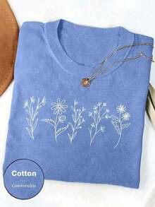 Women Floral Print Crew Neck Loose Casual T-Shirt, Short Sleeve Cheap Clothes Camiseta 100 Percent Cotton Clothing Women - 彩色 - 查看 1