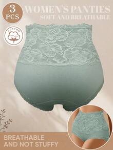 MEIYATING 3pcs High Waist Slimming Women's Panties, Jacquard Pattern, Comfortable Fit, Lifting & Covering Design With Lace Trim - Multicolor - View 3