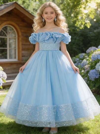Tween Girls' Fashionable Ruffle Floral Wedding Party Formal Dress, Elegant Puffy Tulle Pageant Bridesmaid Birthday Girl Graduation Ceremony Performance Gown