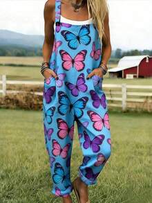 Colorful Butterfly All-Over Print Women's Adjustable Strap Jumpsuit, Polyester Fiber Fabric, Lightweight And Breathable, Women's Clothing, Standard Size Jumpsuit, Plus Size Women's Clothing, Plus Size Jumpsuit And Romper, Plus Size Jumpsuit - 彩色 - 查看 1