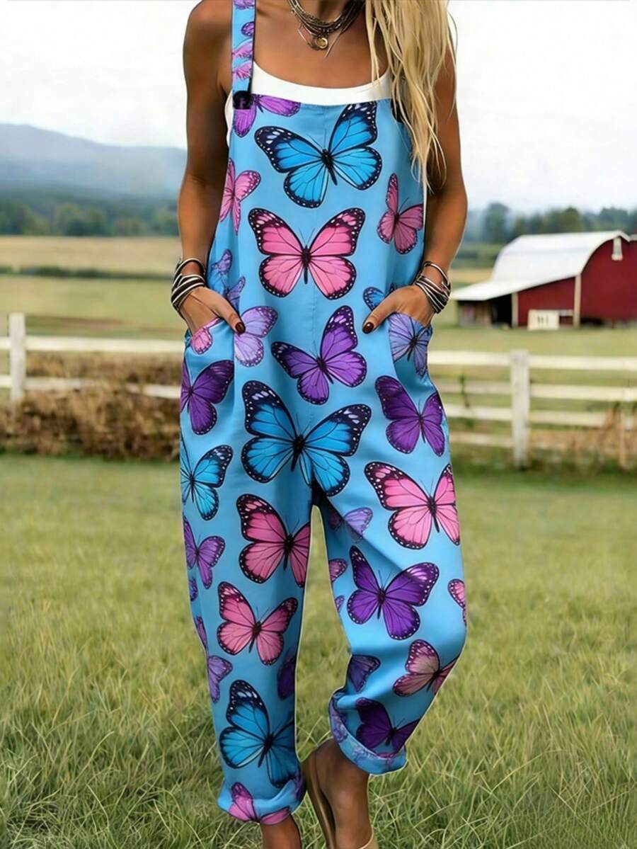 Colorful Butterfly All-Over Print Women's Adjustable Strap Jumpsuit, Polyester Fiber Fabric, Lightweight And Breathable, Women's Clothing, Standard Size Jumpsuit, Plus Size Women's Clothing, Plus Size Jumpsuit And Romper, Plus Size Jumpsuit - 彩色 - 查看 1