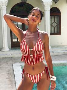 两件式红米色条纹荷叶边挂脖比基尼 - 女士可爱夏季沙滩装，侧系带两件式泳衣 - 彩色 - 查看 1