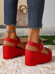 Giày sandal nữ mùa hè màu đỏ tươi có khóa cài, kiểu dáng tối giản, thanh lịch, hở mũi, thích hợp mang hàng ngày, đế dày thoải mái, gót xuồng. - Đỏ - Xem 6