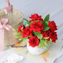 1 buc. Trandafir roșu realist cu ghiveci din plastic cu dungi albe, decor de trandafiri realiști pentru sufragerie, dormitor, perfect pentru Ziua Îndrăgostiților, Ziua Mamei, decorare de nuntă - Trandafir rosu - Vizualizare 1
