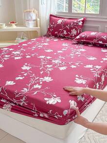 3pcs Printed Bedding Set (1 Fitted Sheet + 2 Pillowcases), Skin-Friendly Fabric Fitted Sheet Set Including Pillowcases, Without Filler, Home Bedding Set, Machine Washable - Wine-red Jade Branch - View 4