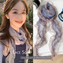 1pc Vintage Style Gray & Blue Lace Trim Mesh Scarf, Asymmetrical Shaped Silk Scarf, Suitable For Spring, Summer And Autumn - Multicolor - View 2