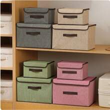 1pc Foldable Linen CD Storage Box, Collapsible Storage Basket With Lid, Toy Organizer, Laundry Basket (Random Style, 37x24x24cm Or 26x19x16cm) - Rusty Rose - View 6