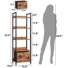 5 Tier Bookshelf with Drawer Tall Narrow Bookcase with Shelves Wood and Metal Bookshelves Storage Organizer Industrial Display Standing Shelf Unit for Bedroom Living Room Rustic Brown - 5 niveles - Ver 4