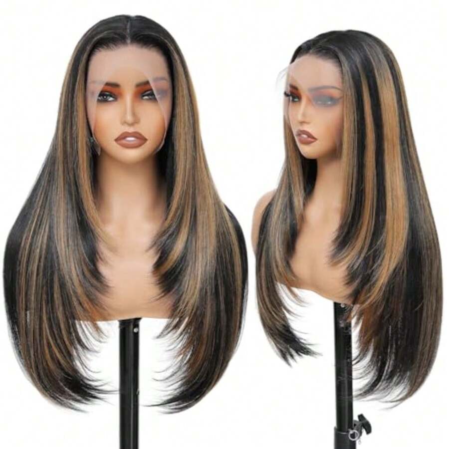 Synthetic Lace Front Wig 13x4 HD Lace Layered Hairstyle Pre Plucked Hairline Straight Long Black Glueless Wigs for Black Women 26 Inch Beginner Friendly - 1B/27 - Ver 1