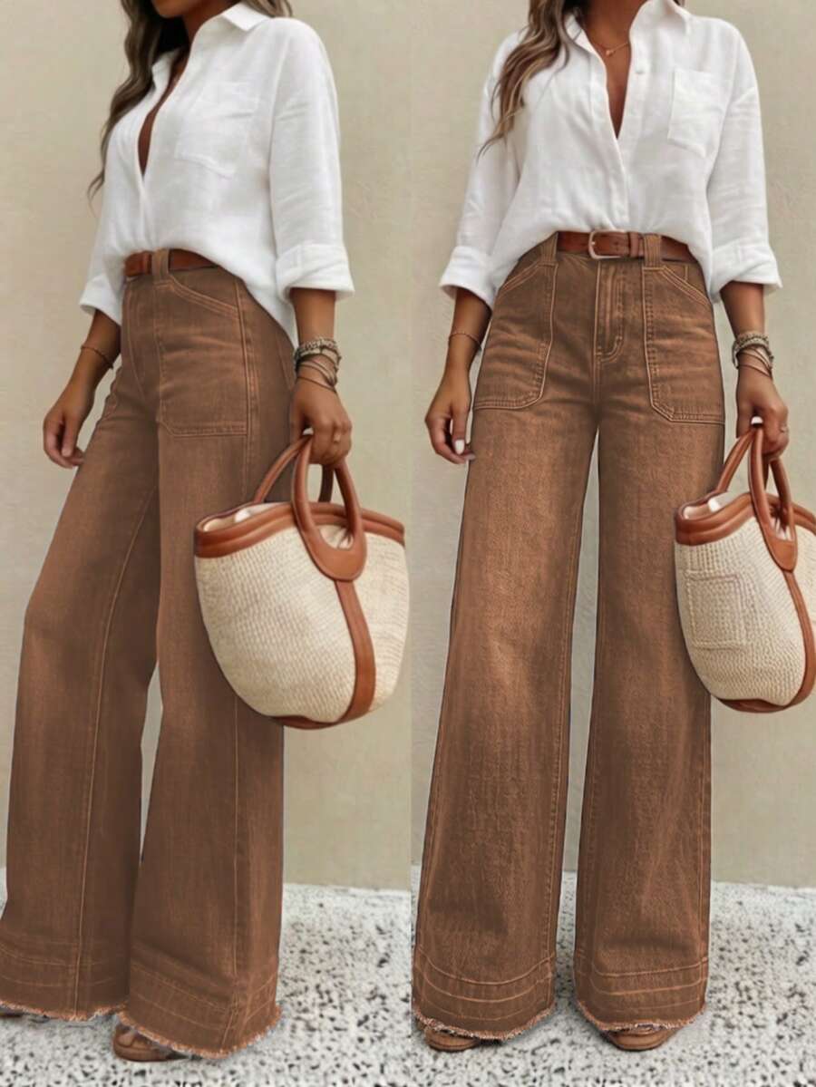 Nouveaux pantalons larges en jean décontractés et amples de haute qualité pour femmes. Confortables pour le port quotidien, convenant à toutes les saisons, y compris le printemps. - Tabac - Voir 1