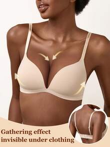 女士无钢圈提拉支撑文胸 - 舒适T恤文胸，全天候提拉塑形支撑，无缝亲肤，提升日常穿着自信 - 米色 - 查看 3
