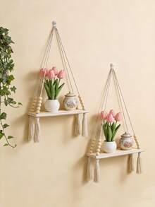 1/2件套编织挂架，浅色木绳壁挂式收纳架，波西米亚风植物吊篮，适用于室内客厅卧室，现代波西米亚风悬挂式收纳架，多功能编织壁挂架，简约优雅悬挂式收纳架，时尚家居装饰展示架，适用于浴室、厨房、卧室或客厅墙面 - 彩色 - 查看 9