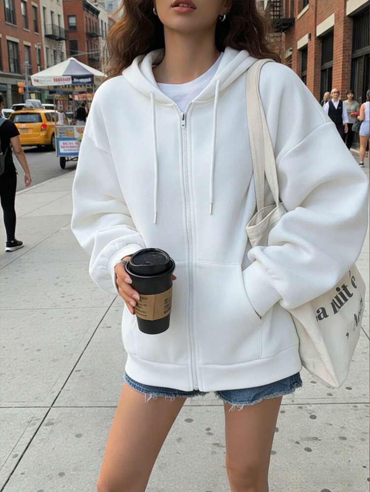 New Arrival Women's Basic Navy Blue Zip-Up Hooded Pocket Drawstring Loose Sweatshirt, Autumn/Winter - White - View 9