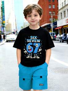 8-12 Years Old Boys' Street Style Outfit, Black Cartoon Digital Print Short Sleeve Tee + Light Blue Multi-Pocket Cargo Shorts, Breathable Soft Wrinkle-Resistant, Suitable For School, Outdoor Play, Weekend Outings - Blue - View 5