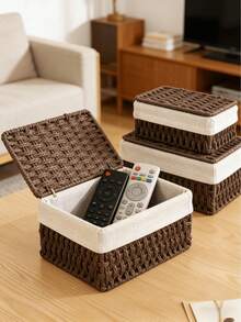 3pcs/1pc Hand-Woven Storage Basket, Wicker Display Basket, Suitable For Cosmetics, Keys, Snacks, Fruit, Living Room, Entryway, Bedroom, Kitchen, Cabinet, Room Decor, Wedding Gift Basket, Easter Basket, Autumn Decor, Back To School And Holiday Gifts - Brown - View 4