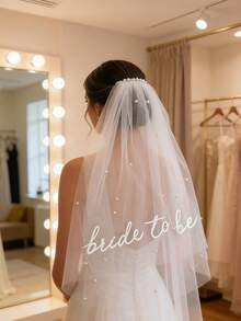 1件装新娘单身派对白色双层字母头纱，带梳子，摄影道具，浪漫风格 - 彩色 - 查看 6