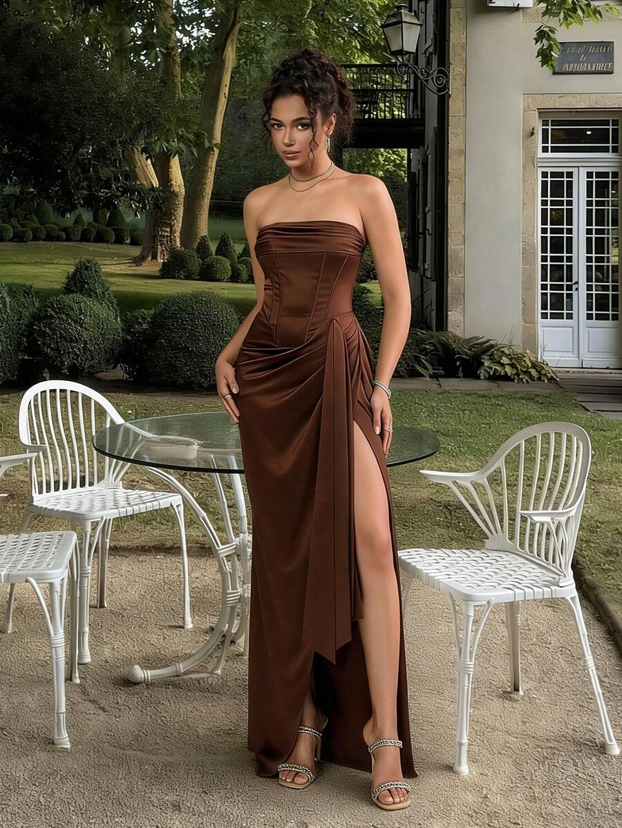 Pleated Slit High Thigh Satin Strapless Gown, Elegant Wedding Guest Dress, Party Dress Spring - Chocolate Brown - View 1