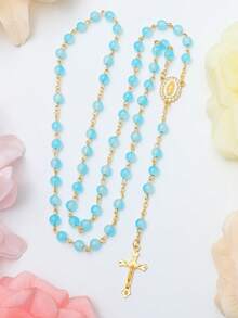 KOMI 1 件多色手工串珠祈祷珠项链，带水晶水钻，圣母玛利亚吊坠礼物 - 淺藍色 - 查看 3