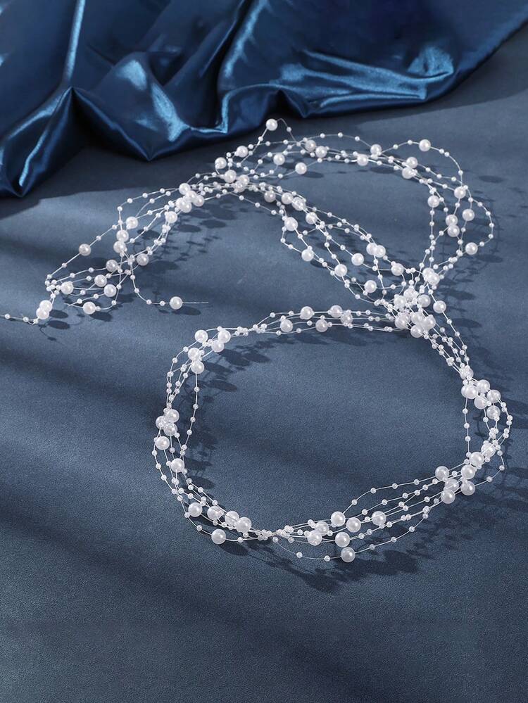 1Pc Multi - Layer Pearl Headband, Elegant Dreamy Bridal Hair Accessory, Wedding/Bridal Dress/Photoshoot Exquisite Hairstyle Ornament - White - View 3