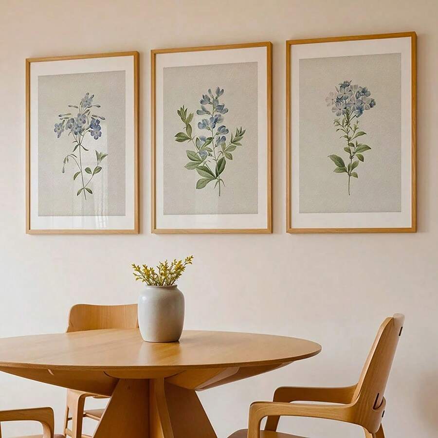 一套三幅复古蓝色植物画廊墙面艺术印刷品,乡村风格墙面装饰,花卉艺术帆布海报,乡村农舍风格装饰,适用于客厅、卧室、厨房、餐厅、咖啡厅、家庭办公室、走廊、家居和房间装饰 - 彩色 - 查看 1