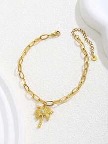 1pc Fashionable Exquisite Gold Stainless Steel Chain Small Turtle Pendant With Zirconia Coconut Tree Pendant Foot Chain Summer Style Fake Style Decorative Foot Chain Accessories - Gold - View 5